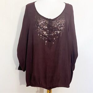 CJ BANKS sequin yoke lightweight gauzy texture rayon polyester top blouse 3X